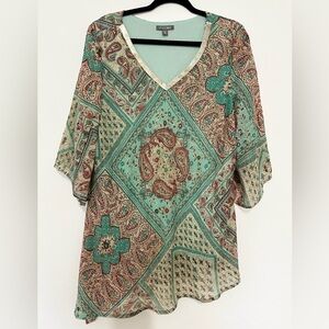 Women's Roz & Ali Green Floral 3/4 Sleeve Boho V Neck Top Blouse Size 1X